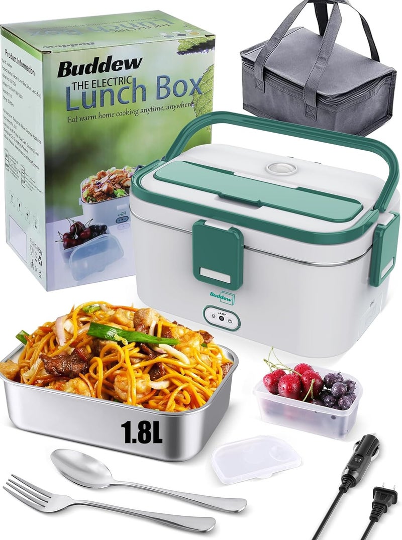 Buddew Electric Lunch Box for Adults, 80W Heated Lunch Box 1.8L Stainless Steel Portable Food Warmer,12/24/110V Lonchera Electrica Portatil for Travel & Work, Loncheras para Hombres de Trabajo(Green) - Image 1
